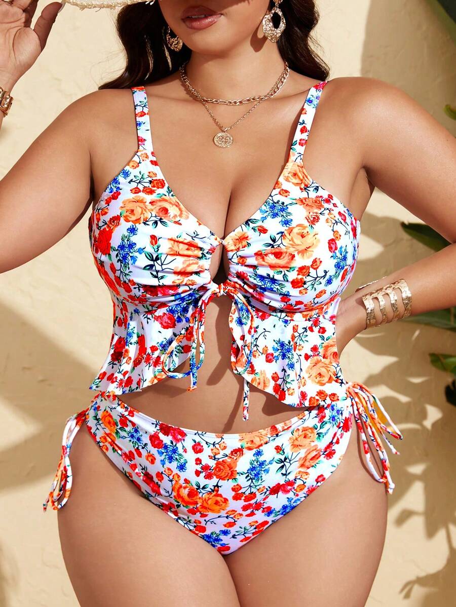 Tankini Feminino com Babado no Busto, Amarração Lateral, Fenda