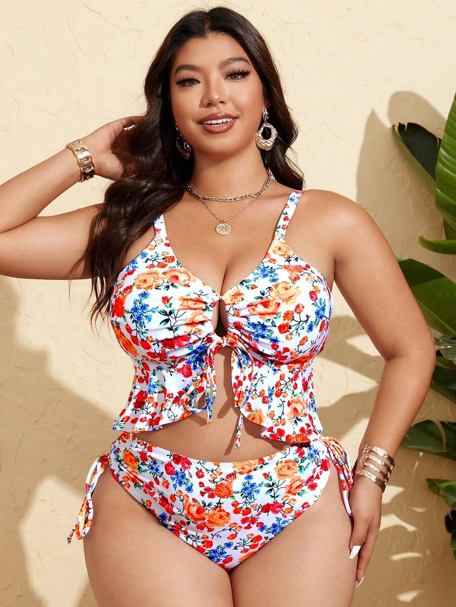 Tankini Feminino com Babado no Busto, Amarração Lateral, Fenda