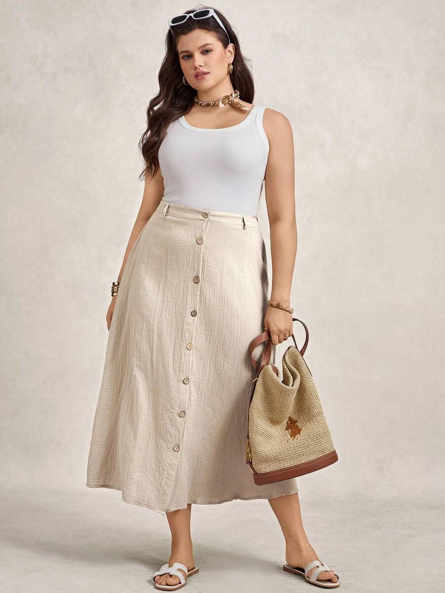 Saia Feminina de Algodão Comprimento Médio com Botões - Rossela