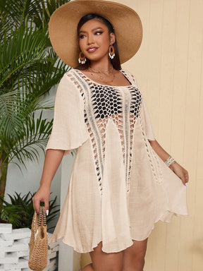 Vestido de Cobertura Feminino com Inserções em Crochê e Mangas Fluidas - Beatriz